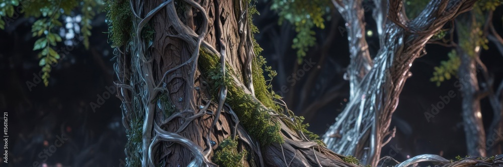 Fototapeta premium Iridescent vines entwine a futuristic tree trunk with a shimmering silver bark, glowing, futuristic
