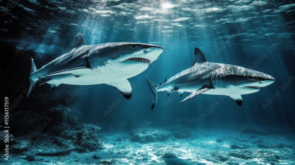 Fototapeta premium Predators in an Underwater Ecosystem with Dramatic Lighting