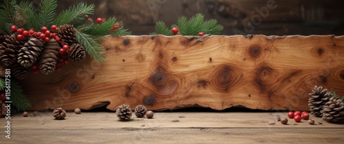 Natural wood rustic Christmas burl wood horizontal banner with pinecones and berries ,  berries,  christmas