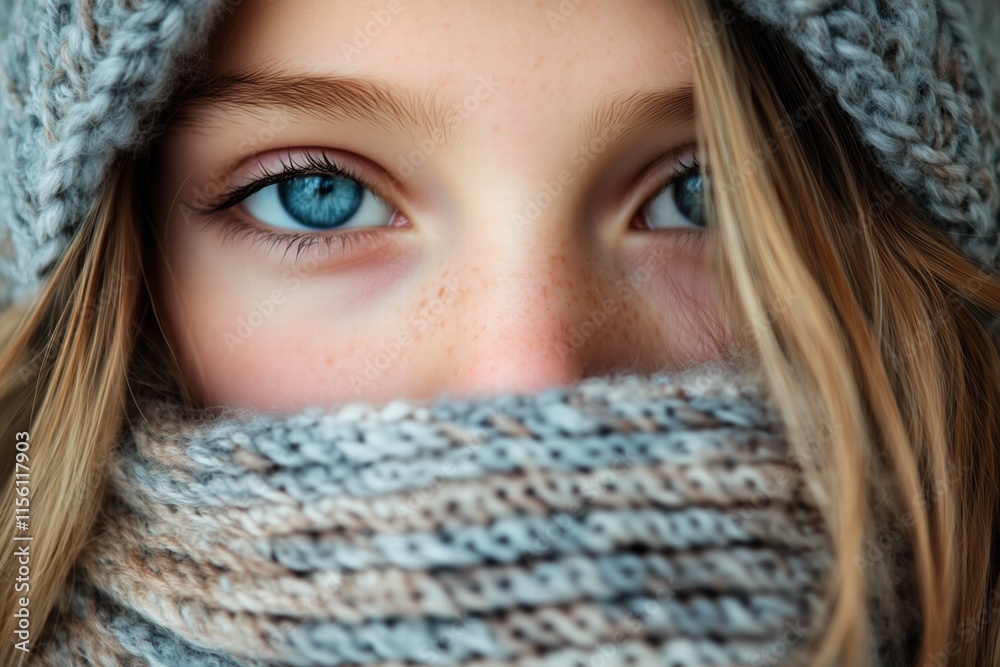 A close-up portrait of a girl with striking blue eyes, partially covered by a knitted scarf. Her long hair peeks out from under a cozy hat, and her skin has a light freckled complexion. A close-up portrait of a girl with striking blue eyes, partially covered by a knitted scarf. Her long hair peeks out from under a cozy hat, and her skin has a light freckled complexion.
