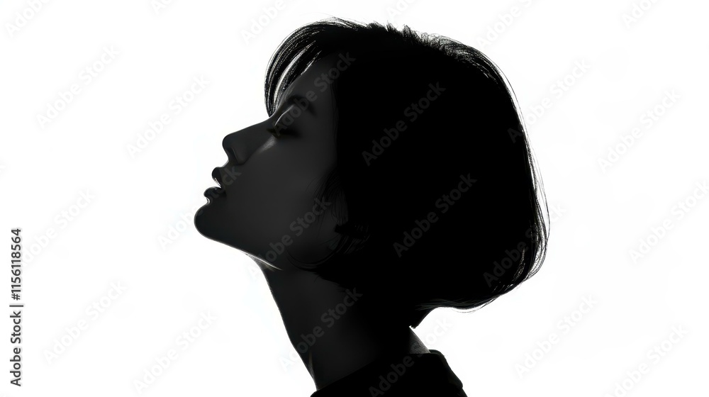 Elegant silhouette of an Asian woman against a white backdrop. Capturing beauty in profile with striking simplicity. Elegant silhouette of an Asian woman against a white backdrop. Capturing beauty in profile with striking simplicity.