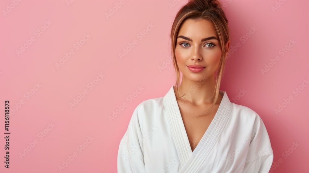 A striking portrait of a young woman in a white karate gi, with flowing blond hair, set against a vibrant pink backdrop. A striking portrait of a young woman in a white karate gi, with flowing blond hair, set against a vibrant pink backdrop.