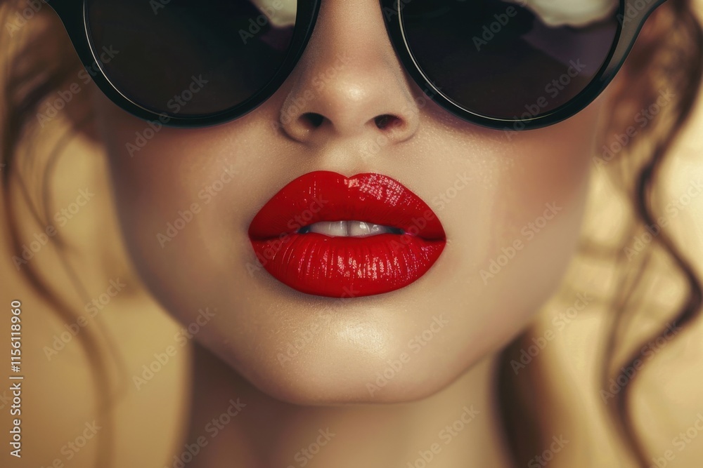 A close-up image of a woman wearing large sunglasses and vibrant red lipstick, highlighting her glossy lips and smooth skin, creating a chic and fashionable look. A close-up image of a woman wearing large sunglasses and vibrant red lipstick, highlighting her glossy lips and smooth skin, creating a chic and fashionable look.