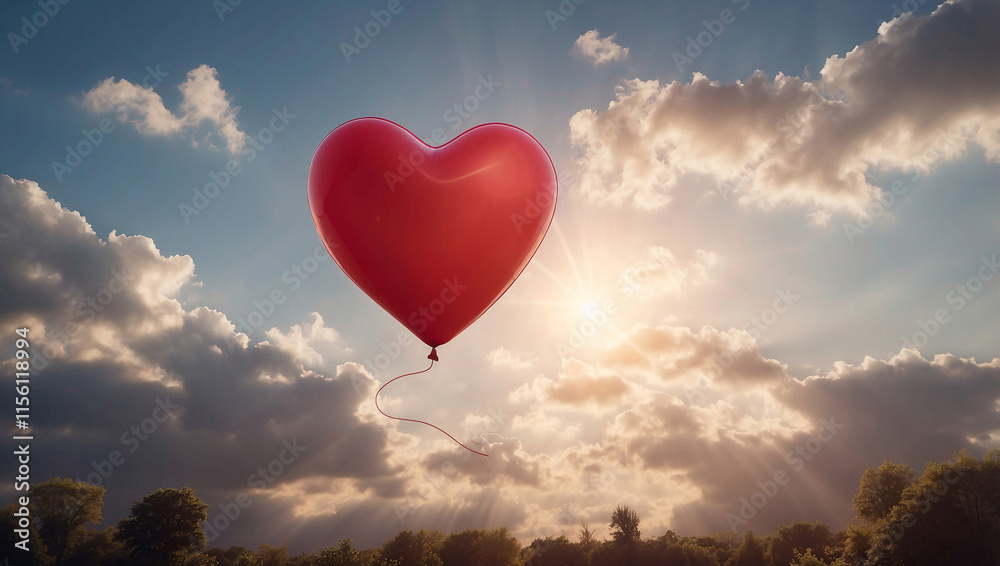 Fototapeta premium Heart-Shaped Balloon Drifting Through Sky with Romantic Glow