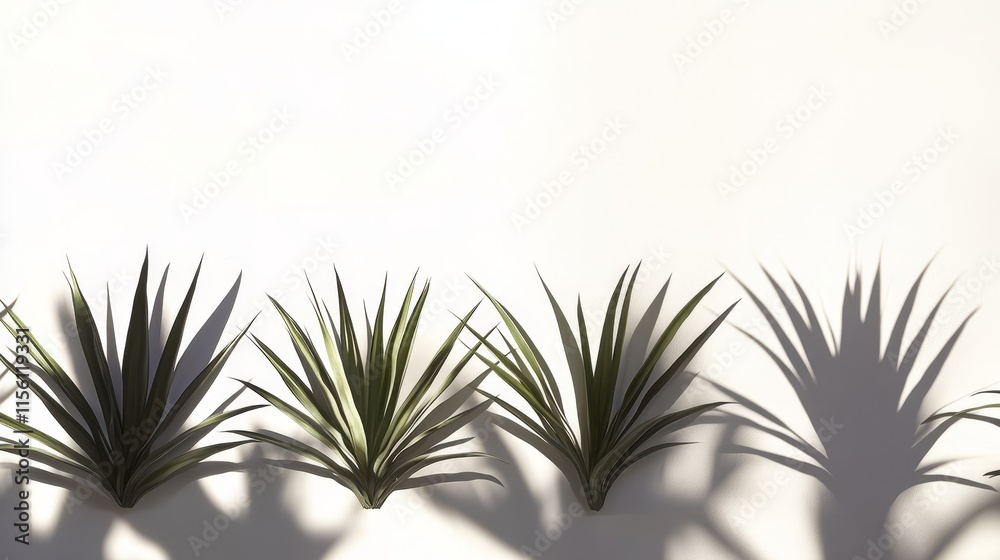 Four small green plants with shadows against a white background. Four small green plants with shadows against a white background.