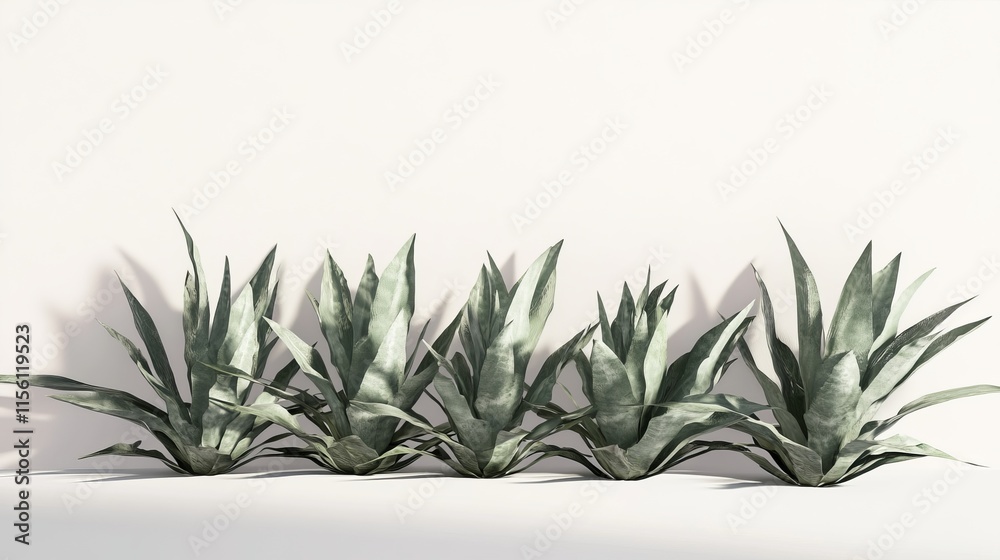 Fototapeta premium Five agave plants in a row against a white background, casting shadows.