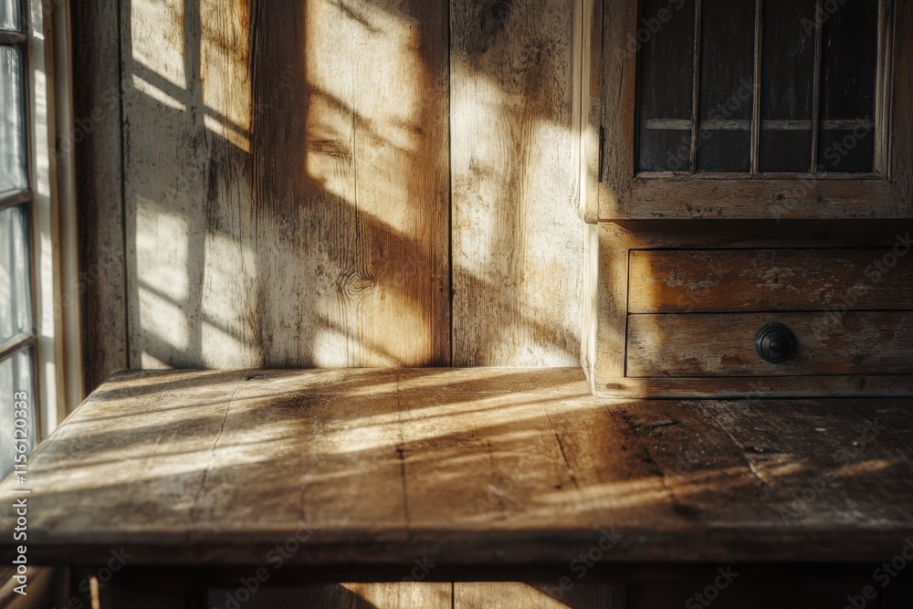 Rustic Wooden Table And Cabinet In Sunlight Rustic Wooden Table And Cabinet In Sunlight