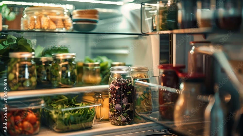Organized refrigerator interior with fresh vegetables and jarred foods Organized refrigerator interior with fresh vegetables and jarred foods