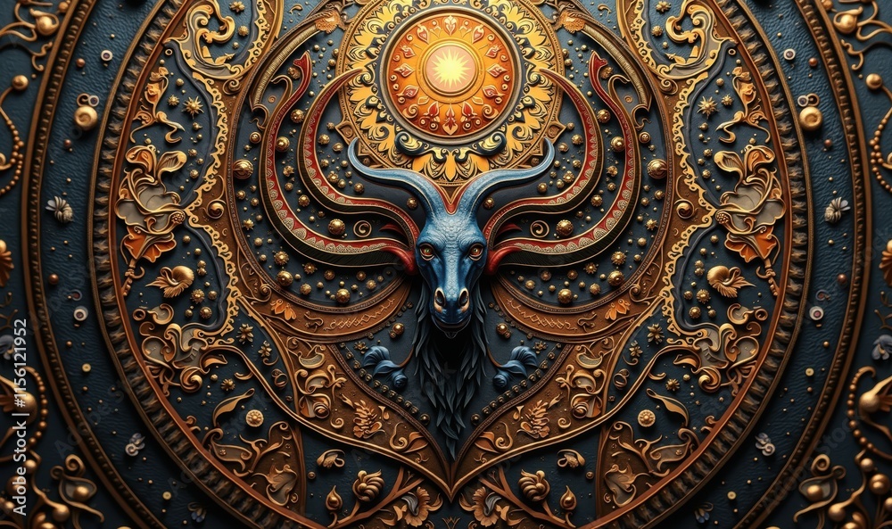 Intricate and ornate artwork featuring a bull's head, blending nature and mythology. Perfect for design, art projects, or branding. Intricate and ornate artwork featuring a bull's head, blending nature and mythology. Perfect for design, art projects, or branding.