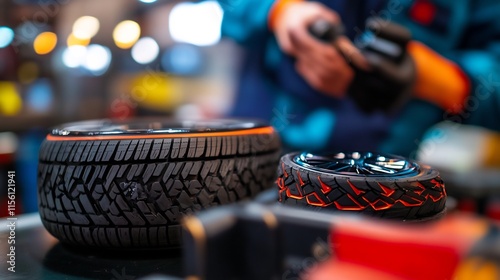 Close-up of Two Modern Car Tires with Orange Accents in a Factory Setting photo