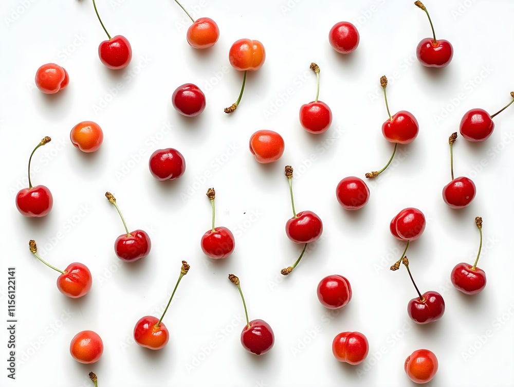 red and orange cherries scattered on a white background, creating a visually appealing and subtly contrasting pattern red and orange cherries scattered on a white background, creating a visually appealing and subtly contrasting pattern