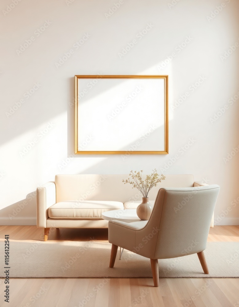 Beige sofa, armchair in bright room. Empty picture frame on wall. Sunlight streams into room. Simple decor. Modern home interior design. Comfortable living space. Modern furniture. Cozy, relaxing Beige sofa, armchair in bright room. Empty picture frame on wall. Sunlight streams into room. Simple decor. Modern home interior design. Comfortable living space. Modern furniture. Cozy, relaxing