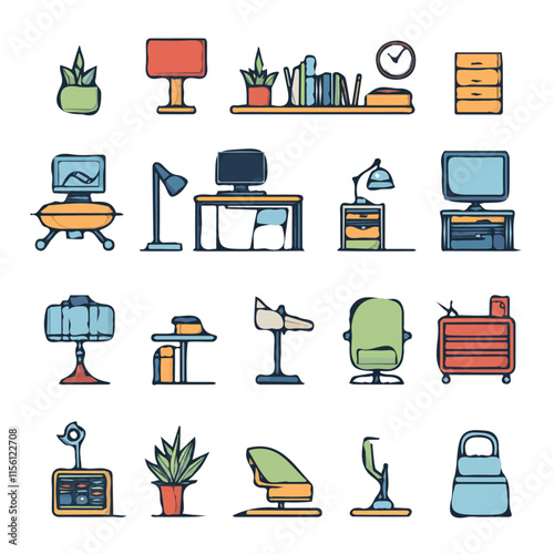 Colorful Icons Set of Office – Creative and Functional Icons for Workplace, Business, and Office Design
