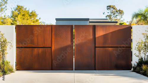 Wallpaper Mural Contemporary rust-finished corten steel gate with offset panel design and textured edges, leading to a modern eco-friendly estate Torontodigital.ca