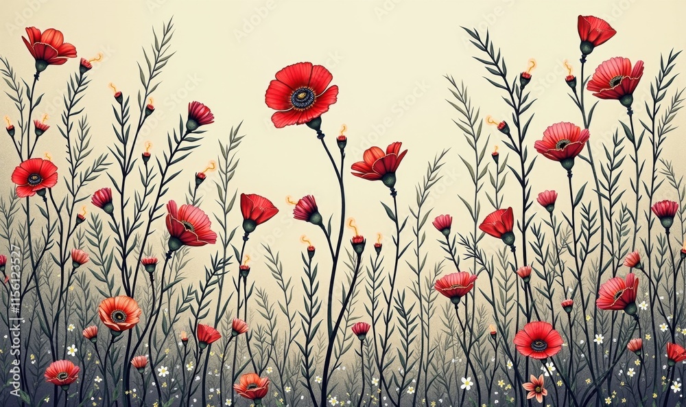 Fototapeta premium A vibrant illustration of red poppies and green stems, perfect for floral design projects, product packaging, or as a backdrop for creative endeavors.