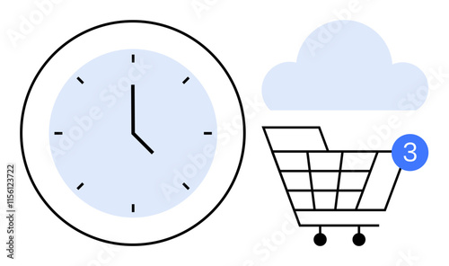 Clock with light blue face, shopping cart with notification badge showing 3, and light blue cloud. Ideal for e-commerce, time management, cloud storage, online shopping, alerts, digital photo