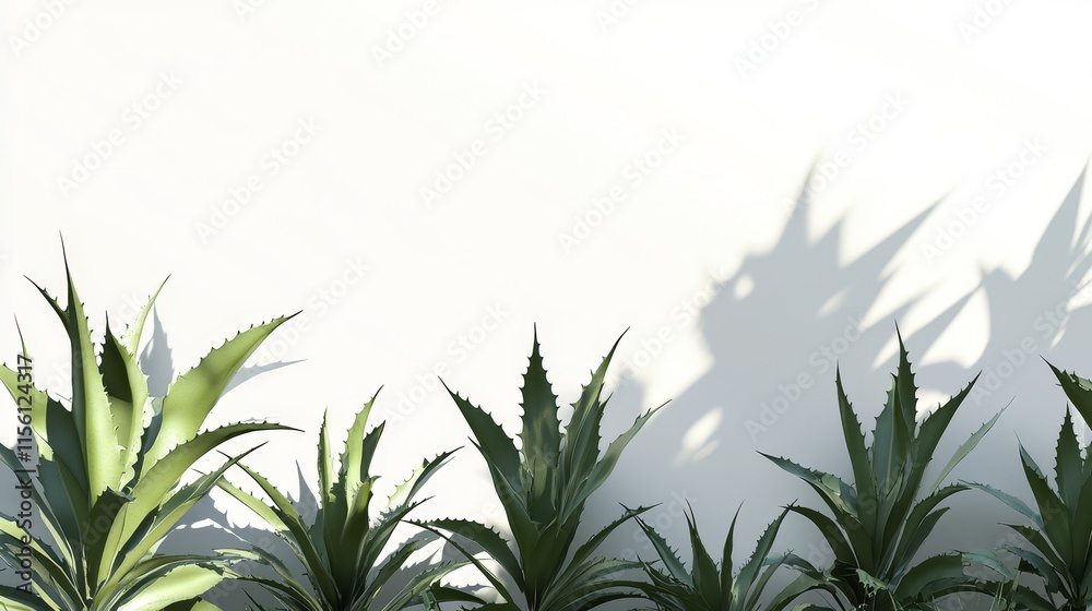 Fototapeta premium Lush agave plants cast shadows on a white wall.