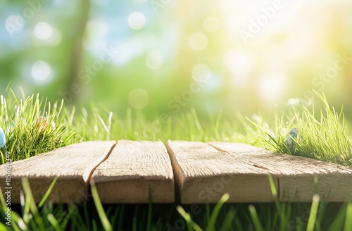 A wooden pathway winds through vibrant green grass, bathed in warm sunlight, creating a picturesque scene that embodies the joy, renewal, and togetherness of Easter, a time for family celebrations