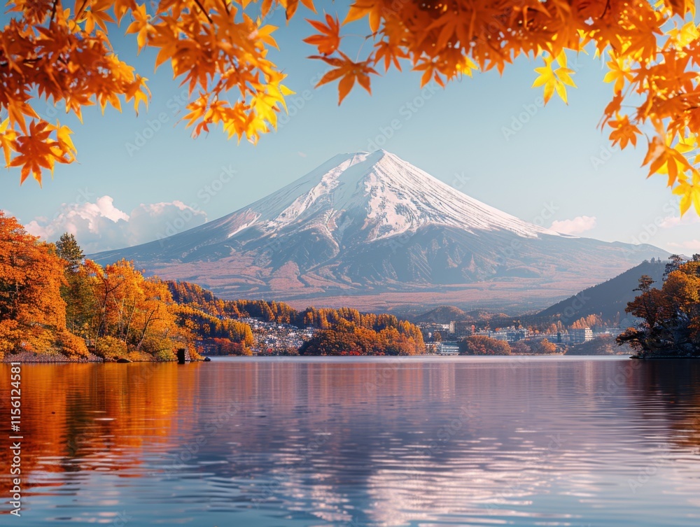 Fototapeta premium Majestic Mount Fuji is framed by vibrant, fiery red autumn leaves, reflecting on a serene lake under a clear sky.