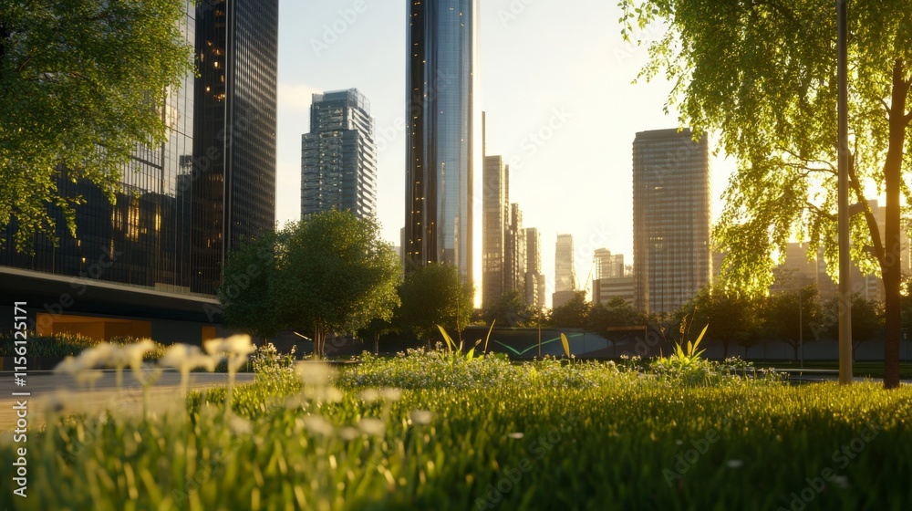 Obraz premium Dynamic Cityscape with Warm Light and Greenery