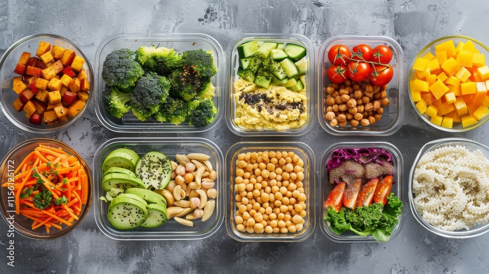 Healthy meal prep with colorful vegetables and grains in containers