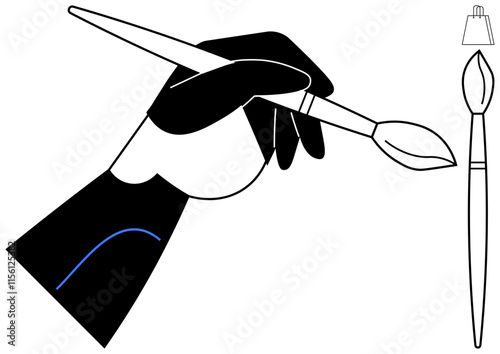Hand firmly grips paintbrush, with additional brush and shopping bag icon nearby. Ideal for art and design, creativity, education, shopping, advertising, digital media branding. Line metaphor