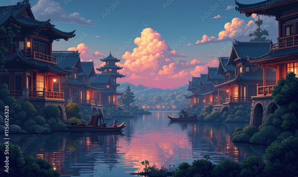 Obraz premium A serene sunset scene over a tranquil waterway lined with traditional Asian-style houses, perfect for relaxation or cultural themes.