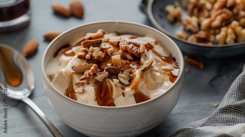 Creamy yogurt with honey and nuts in rustic setting for culinary inspiration Creamy yogurt with honey and nuts in rustic setting for culinary inspiration