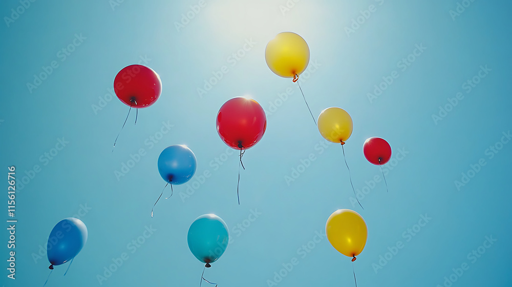 A cheerful scene featuring vibrant balloons of various colors drifting gently against a clear, bright blue sky A cheerful scene featuring vibrant balloons of various colors drifting gently against a clear, bright blue sky
