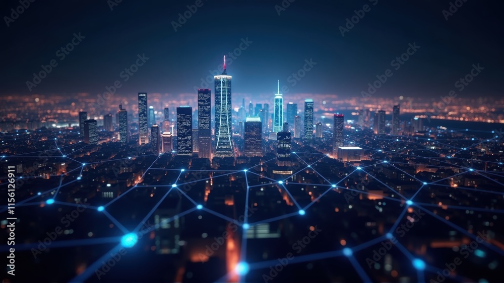 Fototapeta premium A stunning aerial view of a glowing city skyline at night, interwoven with digital connections, representing innovation and the future of technology.
