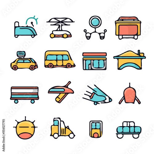 Colorful Icons Set for Transport – Vibrant and Creative Transport Icons, Stylish Vector Art for Travel and Mobility Design
