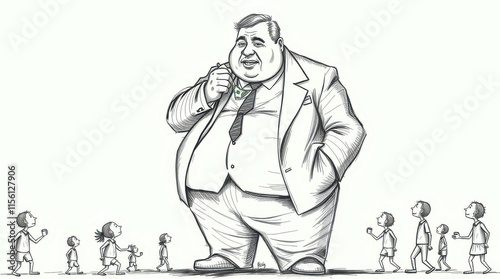Cartoon of a fat rich man smoking a cigar, surrounded by smaller figures, symbolizing wealth disparity, ideal for activism