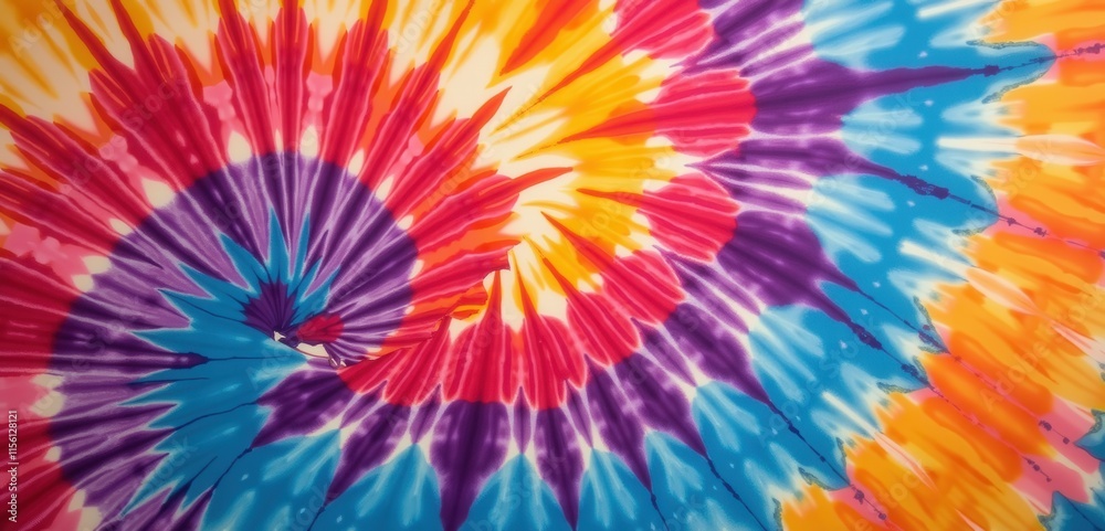 Vibrant tie-dye pattern featuring swirls of bright colors, perfect for fashion, home decor, or artistic designs.