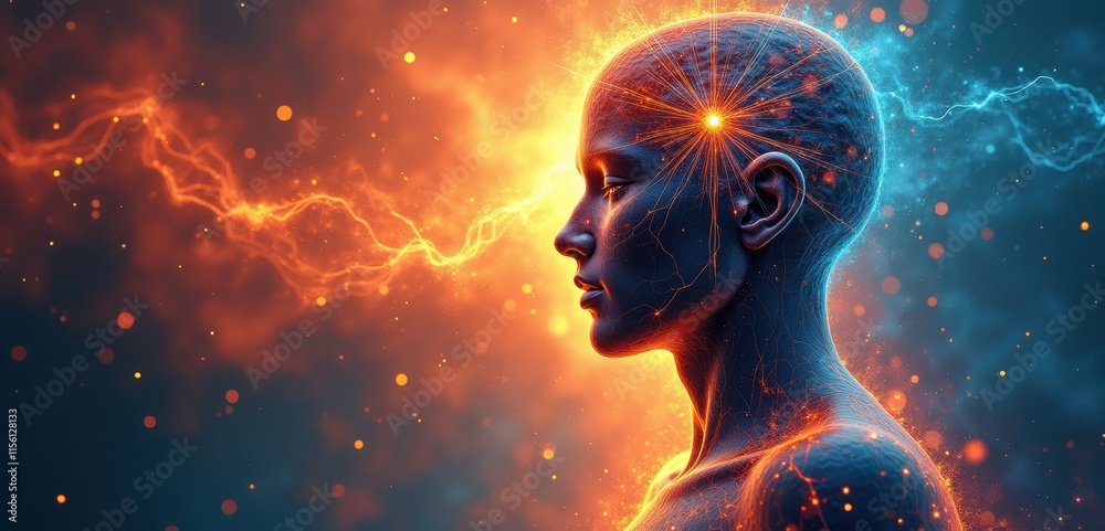 A striking depiction of a profile illuminated by vibrant energy, symbolizing creativity, innovation, and the power of the mind. Ideal for tech, science, and inspiration themes. A striking depiction of a profile illuminated by vibrant energy, symbolizing creativity, innovation, and the power of the mind. Ideal for tech, science, and inspiration themes.
