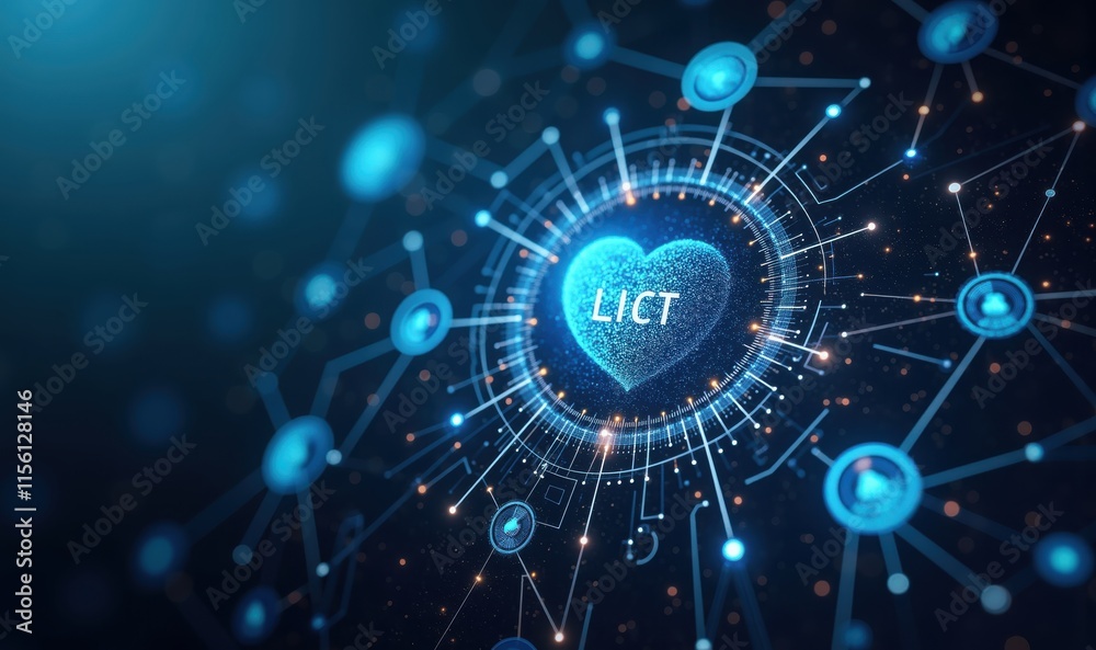 A digital heart symbol surrounded by interconnected nodes, representing technology, connectivity, and innovation in the health tech and digital communication sectors. A digital heart symbol surrounded by interconnected nodes, representing technology, connectivity, and innovation in the health tech and digital communication sectors.