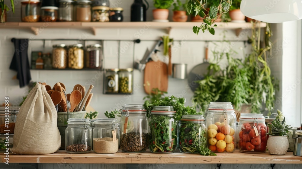 Rustic kitchen pantry with jars of fresh herbs and ingredients for natural cooking Rustic kitchen pantry with jars of fresh herbs and ingredients for natural cooking