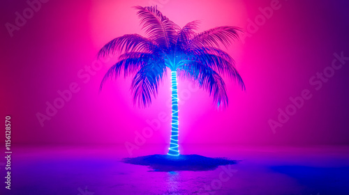 Lonely palm tree illuminated by blue and purple neon lights in a surreal landscape