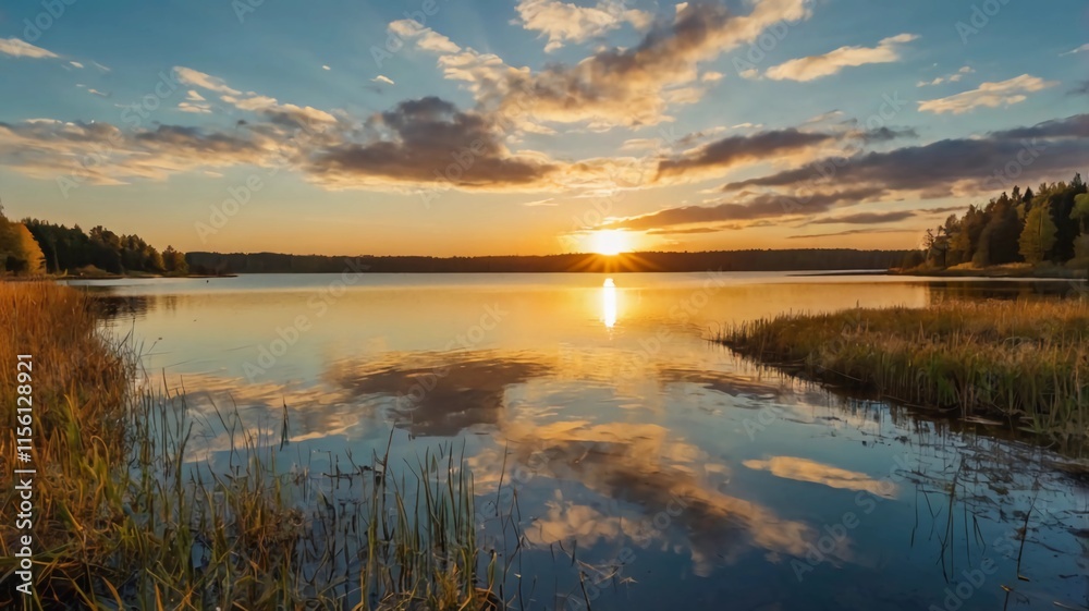 sunset at coast of the lake. Nature landscape. Nature in northern Europe. reflection, blue sky and yellow sunlight. landscape during sunset. sunset at coast of the lake. Nature landscape. Nature in northern Europe. reflection, blue sky and yellow sunlight. landscape during sunset.