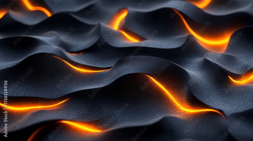 Abstract dark wavy surface with glowing orange lines. Abstract dark wavy surface with glowing orange lines.