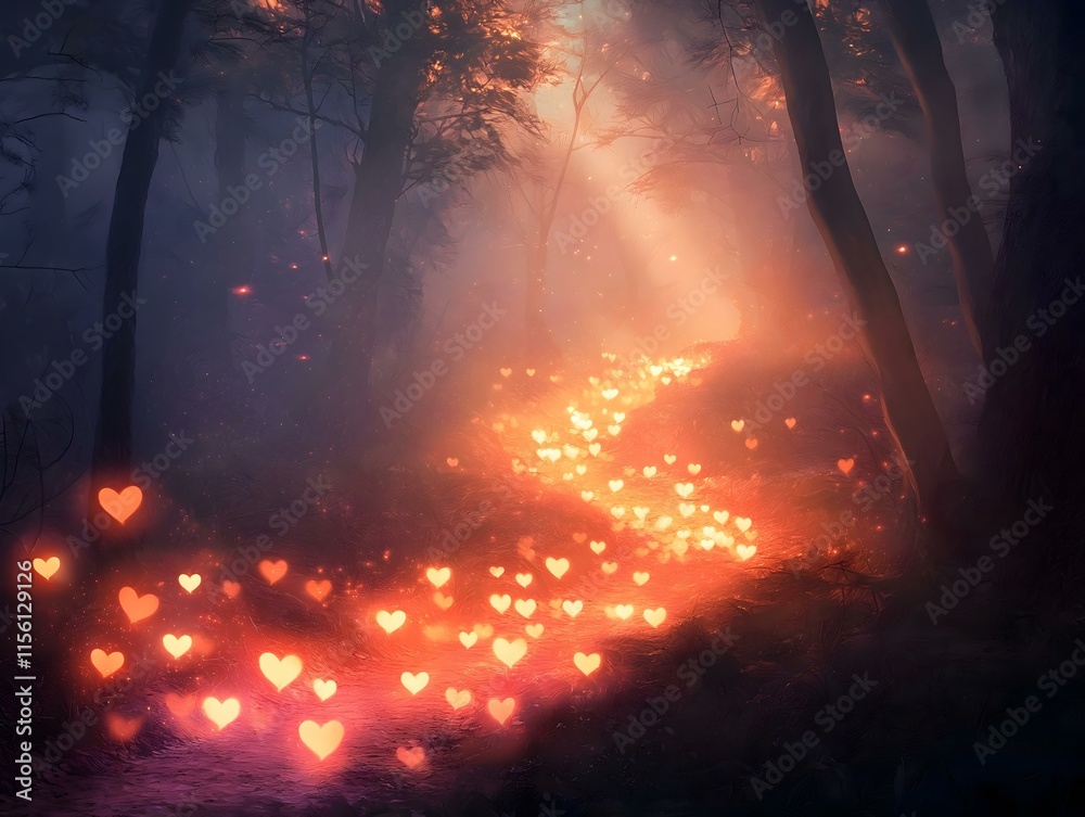 fiery sunset path in a magical forest illuminated by warm heart-shaped lights fiery sunset path in a magical forest illuminated by warm heart-shaped lights