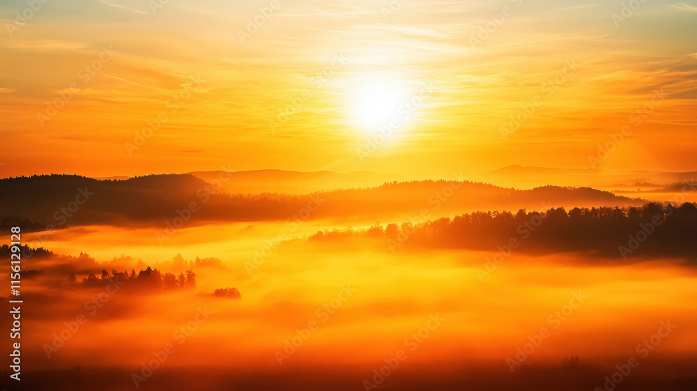 Fototapeta premium A stunning sunrise casts a soft golden light over the desert, illuminating the sand dunes while a thin mist gently rises from the ground, creating a tranquil and magical atmosphere. 