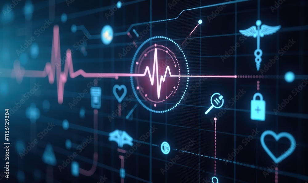 A futuristic digital heartbeat graphic with medical icons, perfect for health technology, telemedicine, and wellness applications. A futuristic digital heartbeat graphic with medical icons, perfect for health technology, telemedicine, and wellness applications.