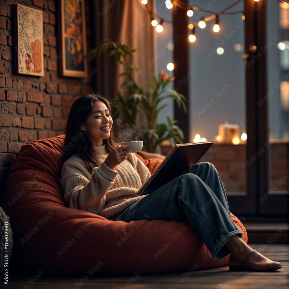 a woman sitting on a bean bag chair, holding a steaming cup of tea, and reading a book. The atmosphere is cozy, with string lights and candles creating a warm ambiance.