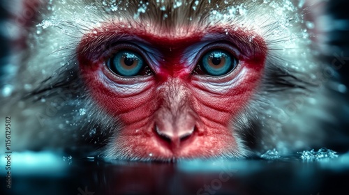 An insightful close-up shot of a monkey with water on its fur, highlighting its curious expression and the serene connection with its natural habitat. photo