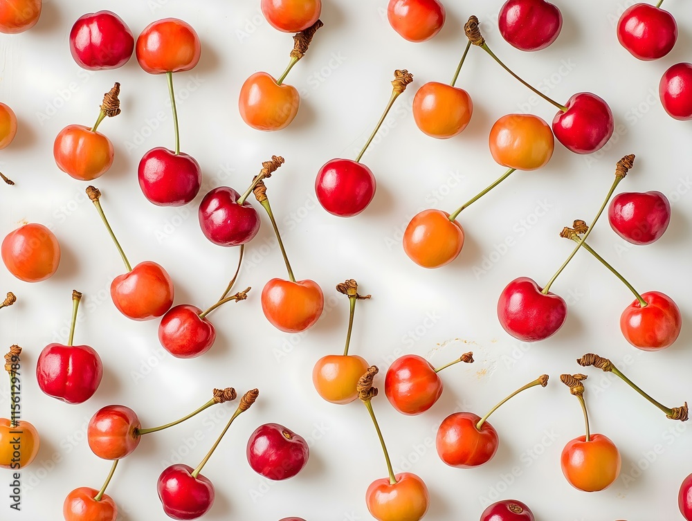 a flat lay arrangement of red and yellow cherries scattered on a white background, creating a vibrant and visually appealing pattern a flat lay arrangement of red and yellow cherries scattered on a white background, creating a vibrant and visually appealing pattern