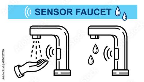 Sensor touchless faucet for washing hand, automatic smart contactless water tap flow on sink in toilet restroom line icon. Palm skin care hygiene cleaning. Bathroom plumbing with motion gesture vector