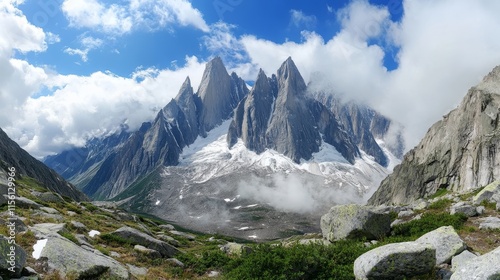 Stunning panoramic view of the snow capped alps with lush greenery and rocky peaks under blue sky photo