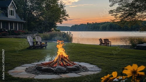 A serene landscape featuring a bright bonfire surrounded by a stone ring, set against a peaceful lake and tree-lined horizon with a warm sunset glow.