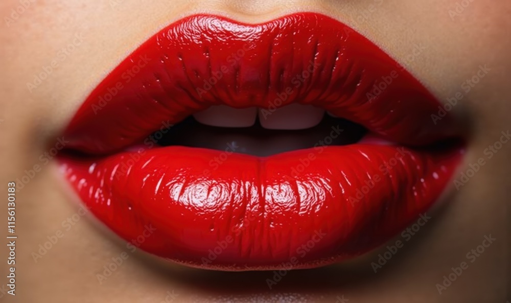 Obraz premium Close-up of luscious red lips, perfect for beauty, fashion, or cosmetics advertising. Ideal for campaigns highlighting bold makeup looks.