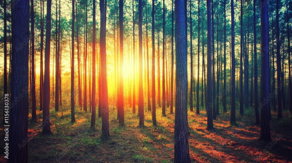 Fototapeta premium Vibrant Sunset in a Soft Light Forest Setting